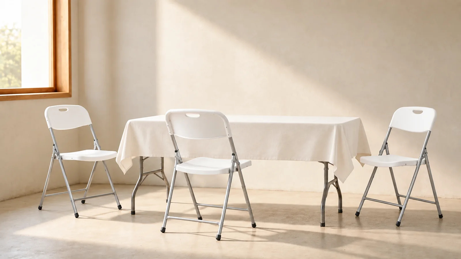 Sillas plegables blancas y mesa con mantel claro en un salón cálido